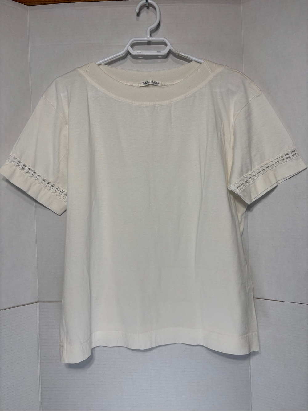 Tahari Women’s Cream Short Sleeve Top Eyelet Sleeve Trim Lightweight Summer Top